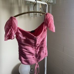 Bebe Pink and White Checkered Gingham Ruched Top